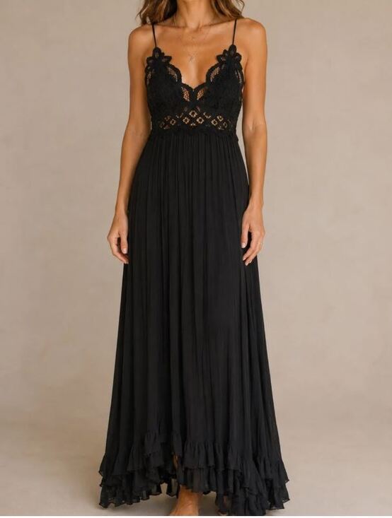 Free People Dresses & Skirts - Free People Adella Maxi Slip Dress Black Lace Boho Tiered Crochet Lace L